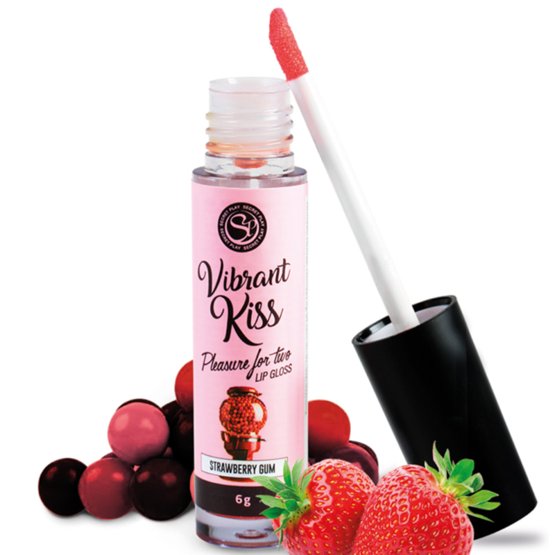 Brillo labial SECRETPLAY VIBRANT KISS con sabor a chicle de fresa, acabado brillante y color vibrante en envase transparente