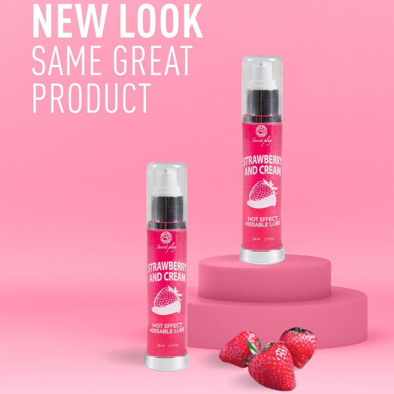 Lubricante 2 en 1 SECRETPLAY con efecto calor, sabor fresa y nata, botella de 50 ml, en color transparente con etiqueta.