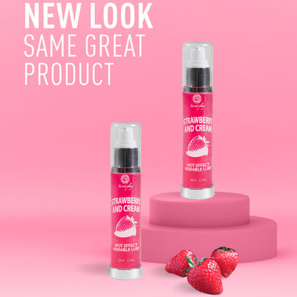 Lubricante 2 en 1 SECRETPLAY con efecto calor, sabor fresa y nata, botella de 50 ml, en color transparente con etiqueta.