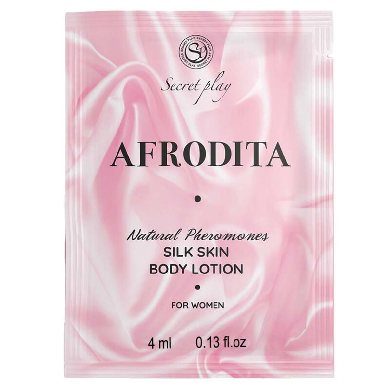 Loción corporal Secretplay Piel de Seda Afrodita en monodosis de 4 ml, frasco pequeño y elegante para cuidado de la piel.