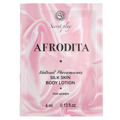 Loción corporal Secretplay Piel de Seda Afrodita en monodosis de 4 ml, frasco pequeño y elegante para cuidado de la piel.