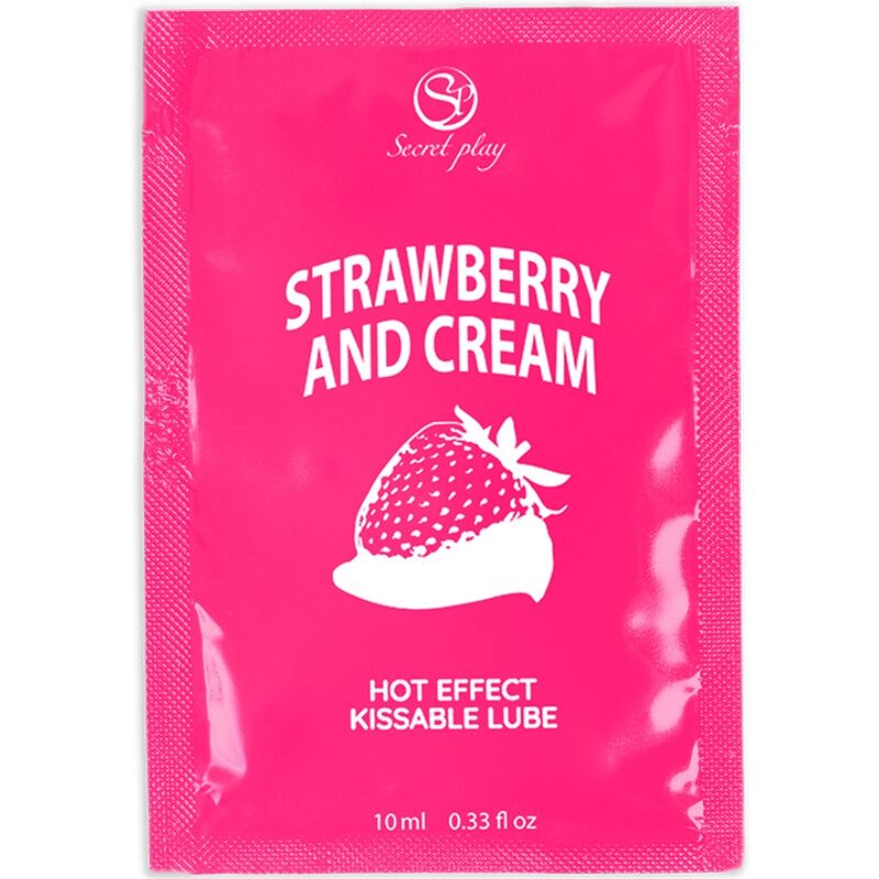 Lubricante monodosis SECRETPLAY con sabor a fresas y nata, 10 ml, envase individual para uso íntimo.