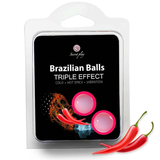 Conjunto de dos bolas brasileñas SECRETPLAY COSMETIC con triple efecto, hechas de material suave y con diseño colorido.