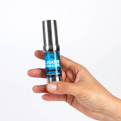 Vibrador líquido estimulador unisex SECRETPLAY Cosmetic en envase de 15 ml, con envase transparente y etiqueta.