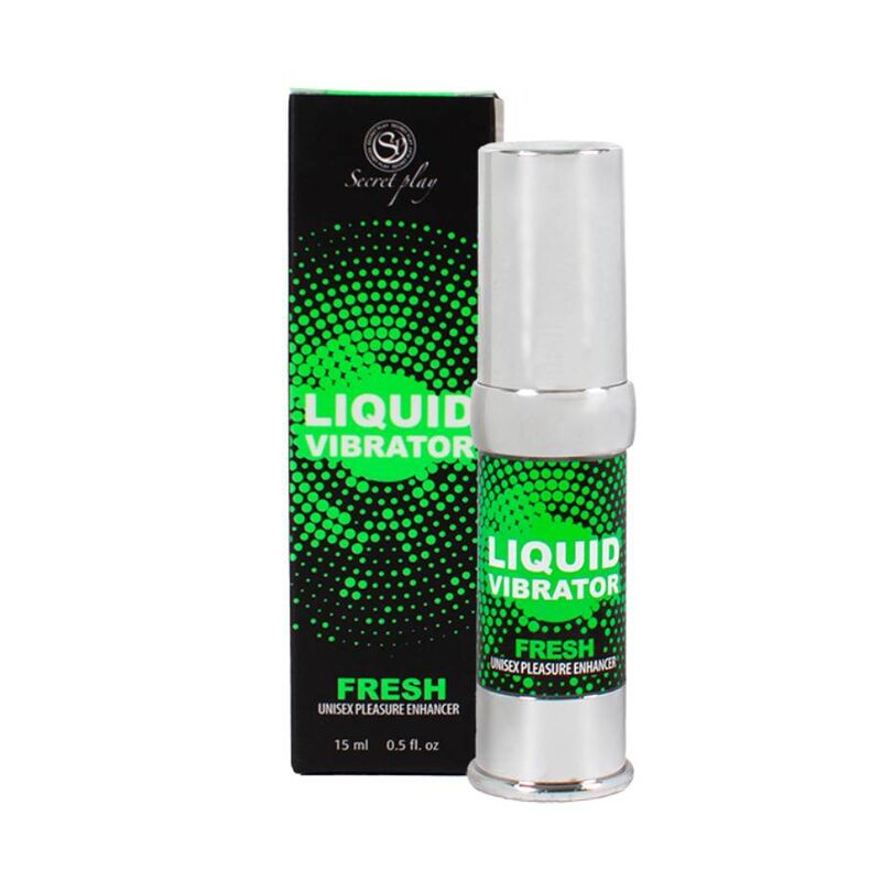 Vibrador líquido Fresh de SECRETPLAY COSMETIC, estimulador e intensificador en envase de 15 ml, muestra el frasco y la etiqueta.