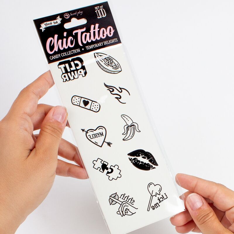 Set de 10 tatuajes temporales SECRETPLAY Candy Collection con diseños coloridos y divertidos para la piel.