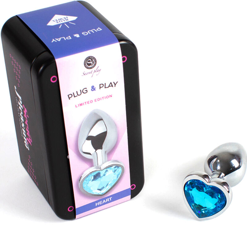 Small blue heart-shaped metal butt plug by SECRETPLAY, 7 cm in size, showcasing a sleek, shiny finish.