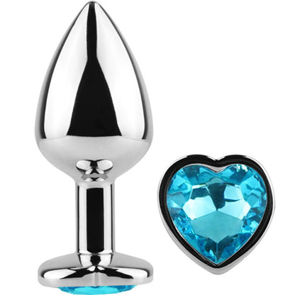 Blue heart-shaped metal butt plug by Secretplay, size small, measuring 7 cm, showcasing smooth, shiny surface.