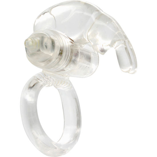 Anillo vibrador de silicona transparente de la marca SEVEN CREATIONS en primer plano, con detalles suaves y flexibles.
