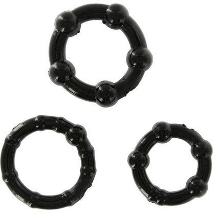 Anillo pene negro de tres piezas de la marca SEVEN CREATIONS, visible en la imagen, diseñado para estimulación y placer.