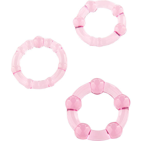 Anillos de pene rosa de SEVEN CREATIONS, juego de tres anillos ajustables para placer y estimulación.