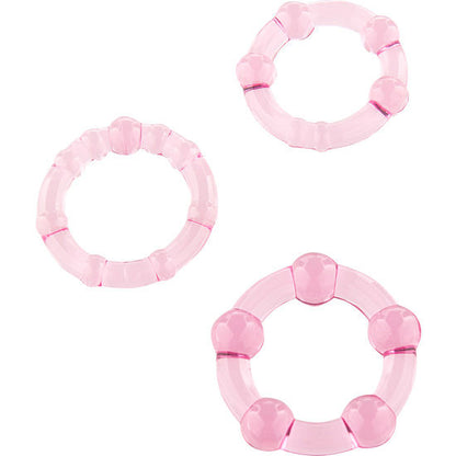 Anillos de pene rosa de SEVEN CREATIONS, juego de tres anillos ajustables para placer y estimulación.
