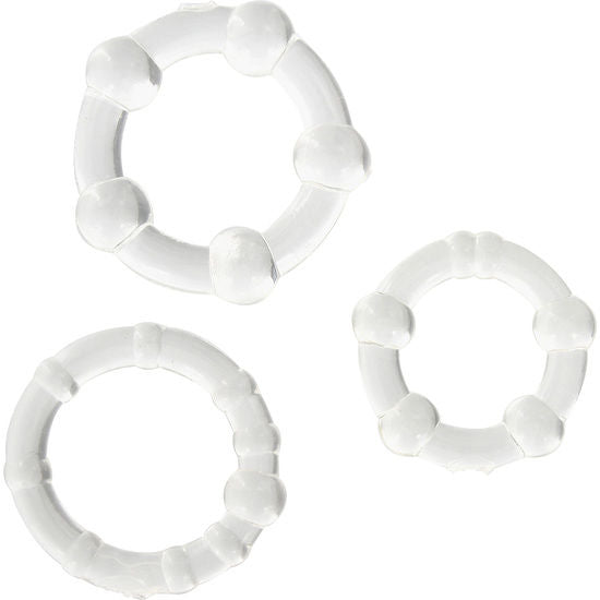 Anillo pene transparente de la marca SEVEN CREATIONS, conjunto de tres anillos ajustables para estimulación.