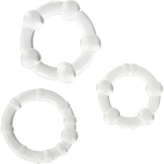 Anillo pene transparente de la marca SEVEN CREATIONS, conjunto de tres anillos ajustables para estimulación.