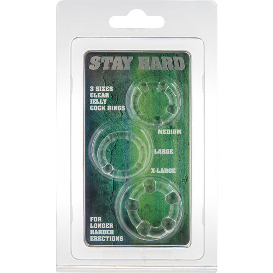 Juego de tres anillos para pene transparente de la marca SEVEN CREATIONS, diseñado para estimulación y placer.