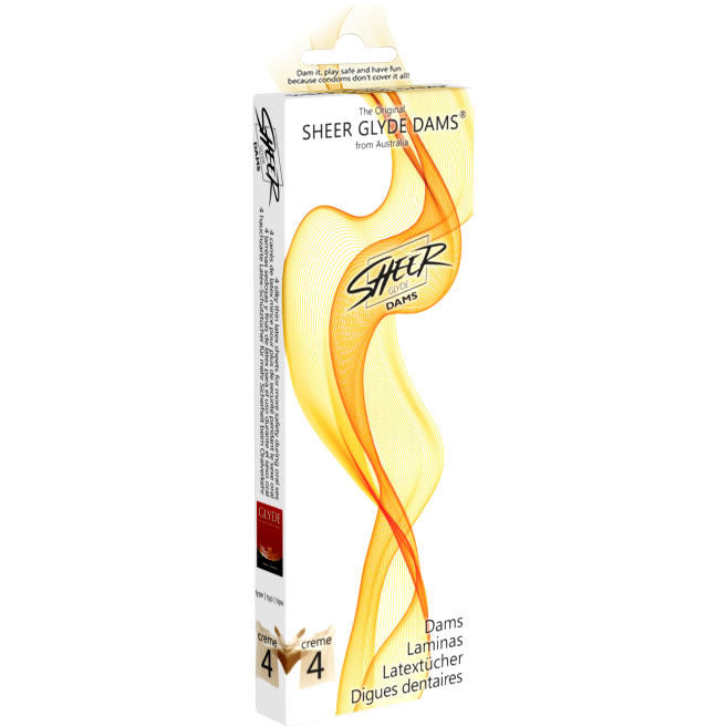 Láminas de látex SHEER GLYDE para sexo oral, color vainilla, con diseño delgado y transparente, en envase individual.