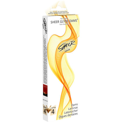 Láminas de látex SHEER GLYDE para sexo oral, color vainilla, con diseño delgado y transparente, en envase individual.