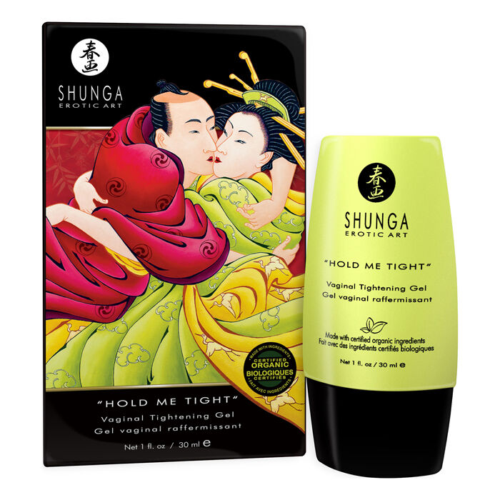 Gel de estrechamiento vaginal Hold Me Tight de SHUNGA APHRODISIACS, frasco con gel transparente y etiquetado en la imagen.