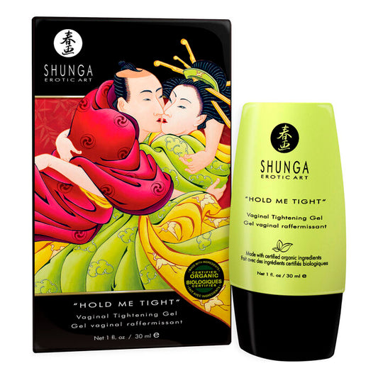 Gel de estrechamiento vaginal Hold Me Tight de SHUNGA APHRODISIACS, frasco con gel transparente y etiquetado en la imagen.