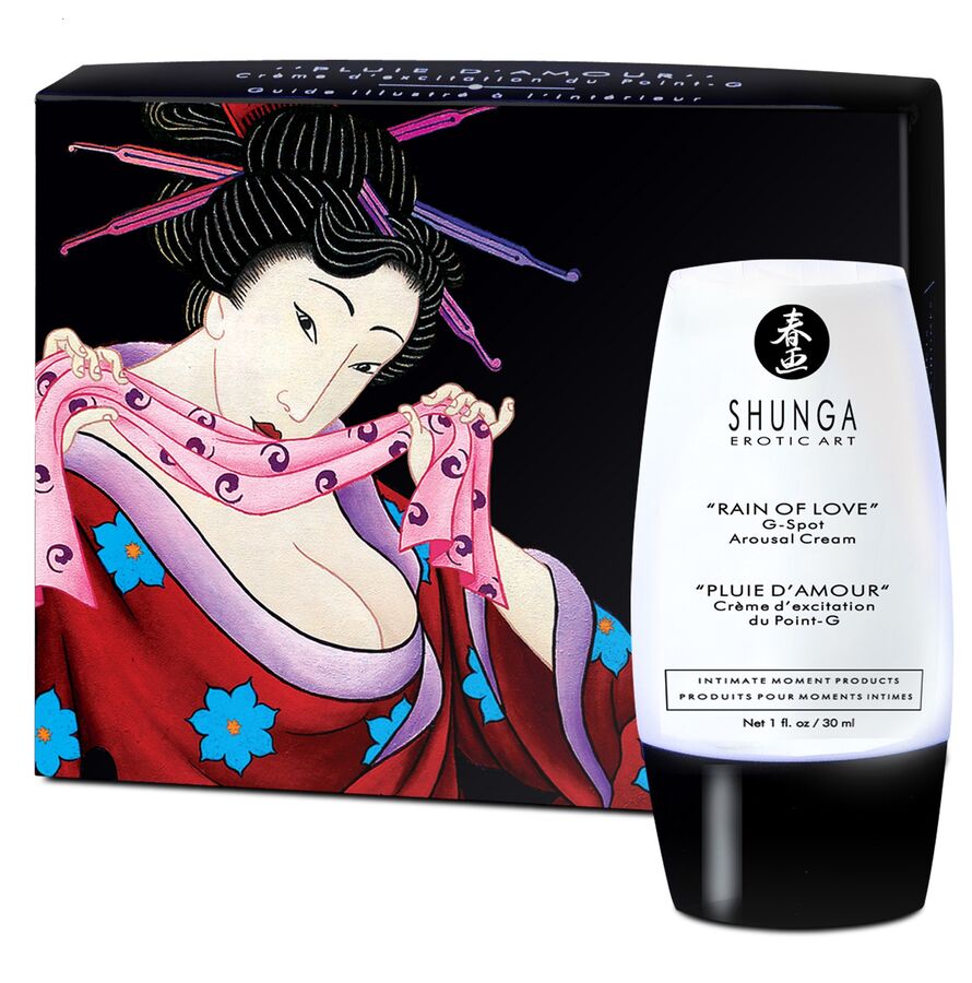 SHUNGA Lluvia de Amor G-spot stimulating cream in a sleek container with a floral design on a soft background.
