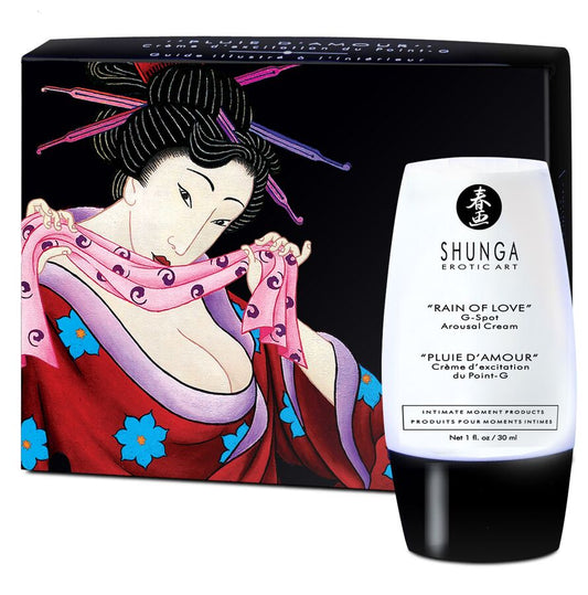 SHUNGA Lluvia de Amor G-spot stimulating cream in a sleek container with a floral design on a soft background.