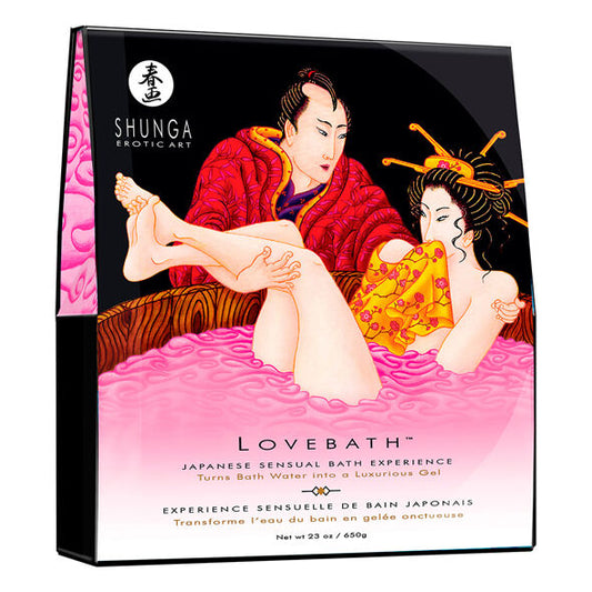 Baño de burbujas Shunga Lovebath Fruta del Dragón en envase blanco con ilustraciones coloridas, ideal para relajación y aromaterapia.