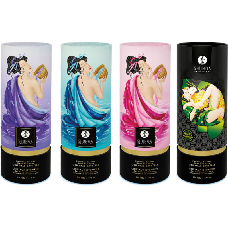 Shunga Bath Experience exotic fruit-themed bath salts in a decorative container, designed for relaxing bath time.