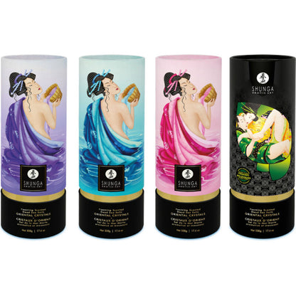 Shunga Bath Experience exotic fruit-themed bath salts in a decorative container, designed for relaxing bath time.