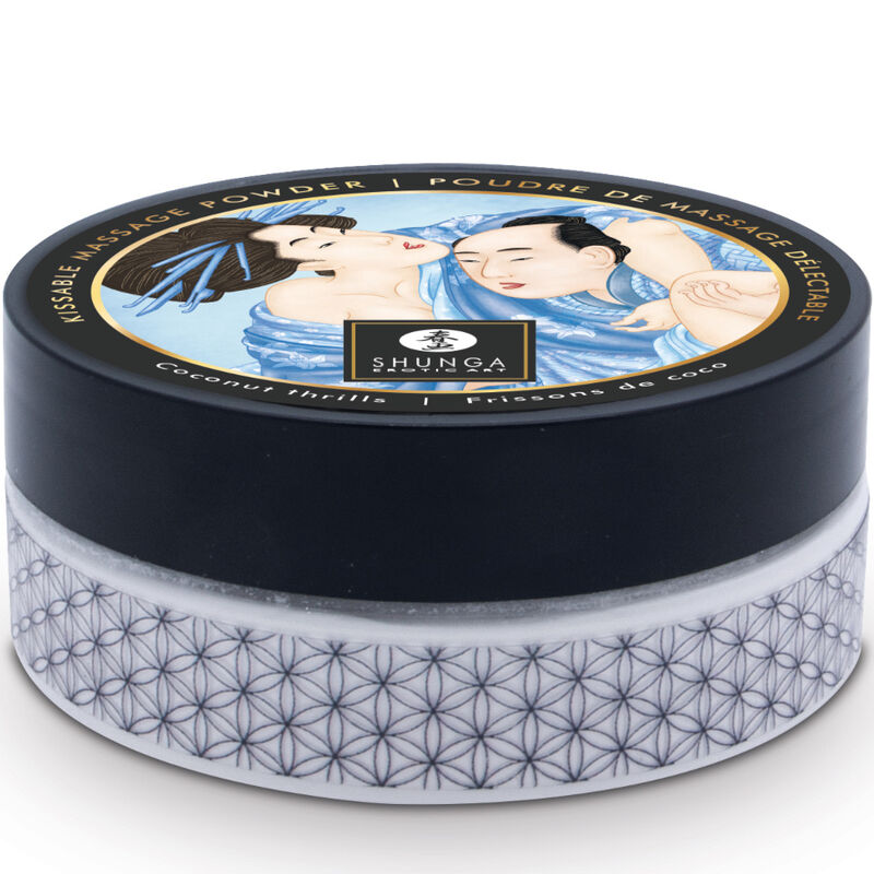 Polvos de masaje comestibles de coco de la marca SHUNGA BODY POWER, envase con polvo aromático para masajes sensuales.