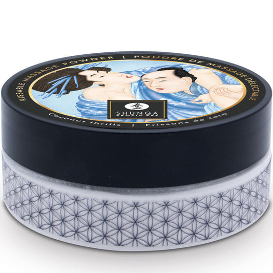 Polvos de masaje comestibles de coco de la marca SHUNGA BODY POWER, envase con polvo aromático para masajes sensuales.