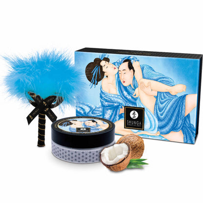 Kit de polvos de masaje comestible de coco de la marca SHUNGA BODY POWER, con envase y textura visible en la imagen.