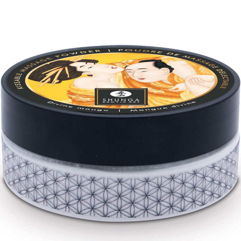 Kit de polvos de masaje comestible de mango de la marca SHUNGA BODY POWER, con envase y polvo dorado para masaje sensual