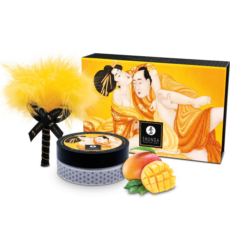 Kit de polvos de masaje comestible sabor mango de la marca SHUNGA BODY POWER, con frascos y polvo dorado para masajes sensuales.