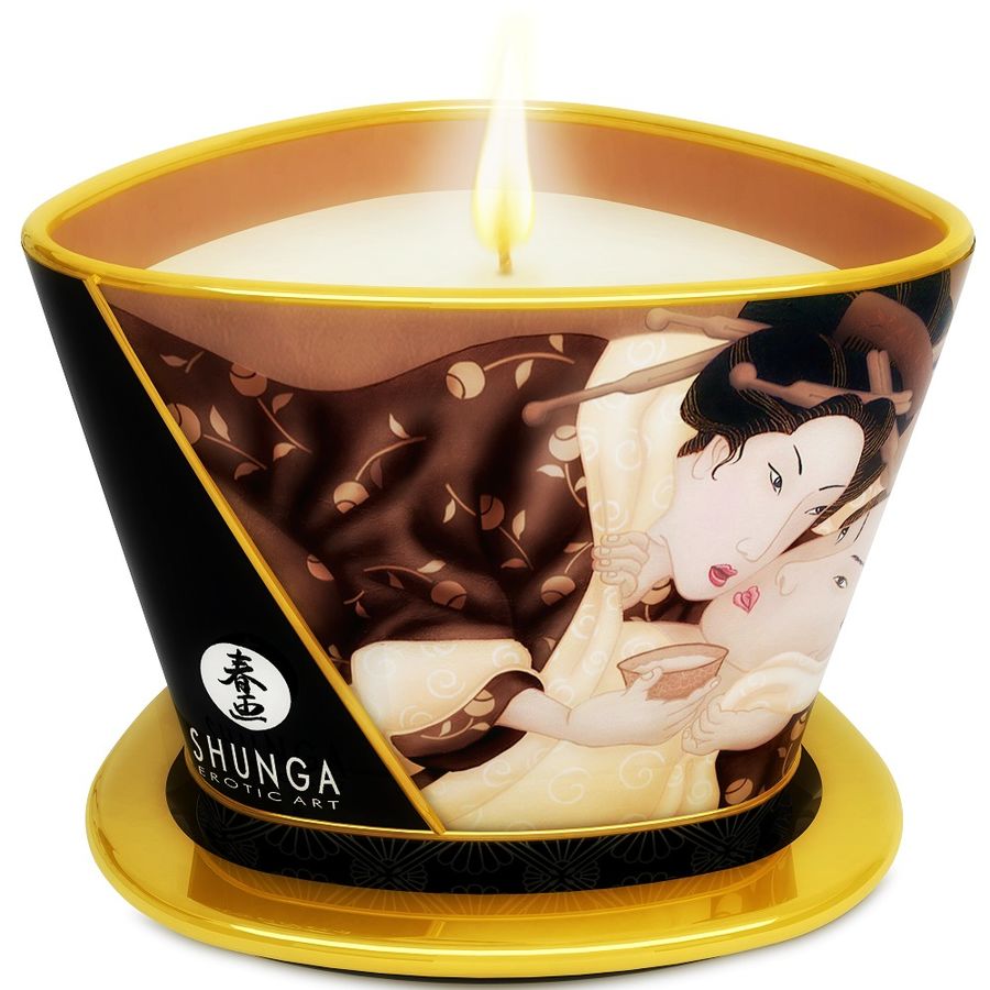 SHUNGA Mini Caress by Candlelight chocolate massage candle in a 170 ml container with a warm glow and rich texture.