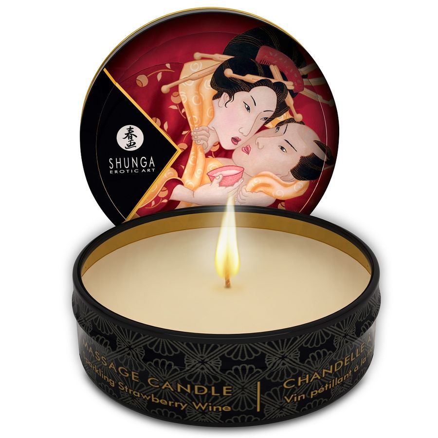 SHUNGA Mini Caress by Candlelight massage candle with strawberries and cava, 30 ml, in a glass container.