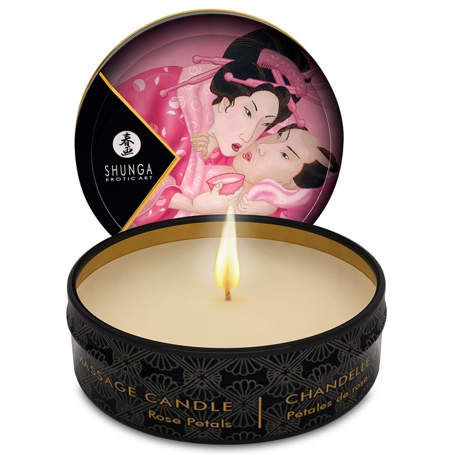 Vela de masaje Mini Caress de Shunga Candles con aroma a rosas, 30 ml, para relajación y aromaterapia.