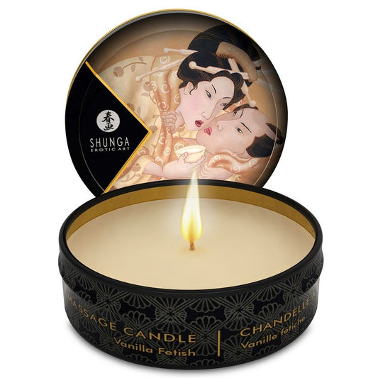 SHUNGA Mini Caress by Candlelight vanilla massage candle in a small jar, with melted wax and wick visible.