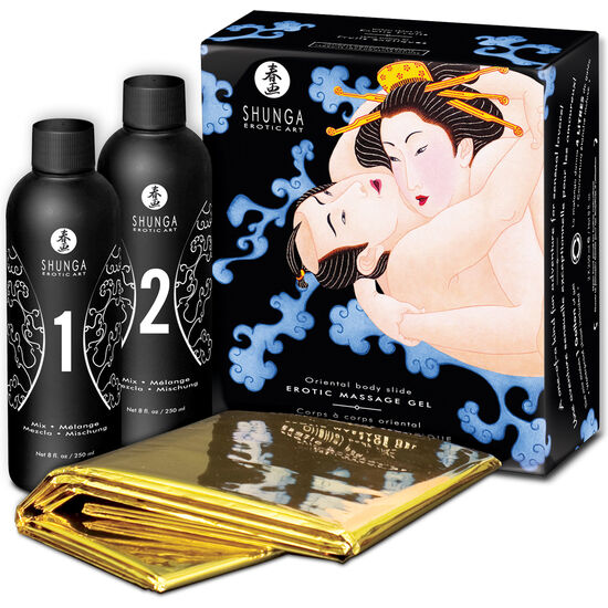 SHUNGA body-to-body massage gel with exotic fruit scent, showcasing a bottle and its rich, colorful texture.