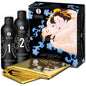 SHUNGA body-to-body massage gel with exotic fruit scent, showcasing a bottle and its rich, colorful texture.