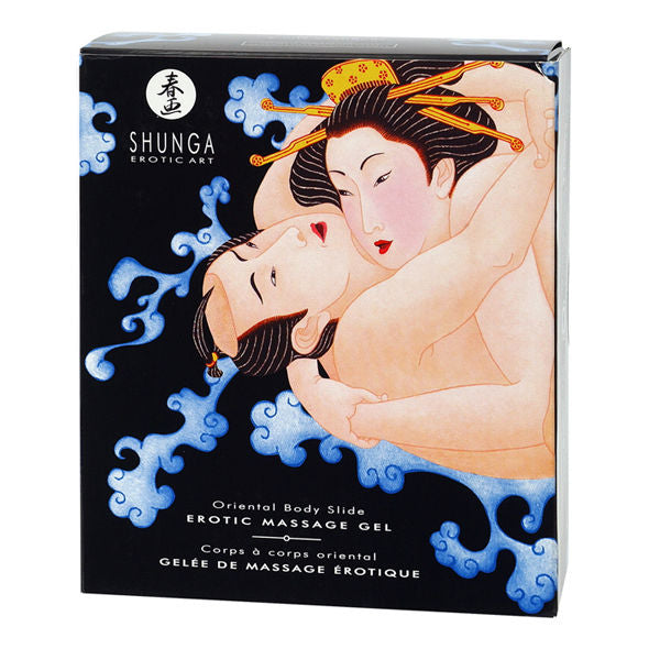 SHUNGA erotic body-to-body massage gel with exotic fruit scent in a clear bottle, showcasing its vibrant packaging.