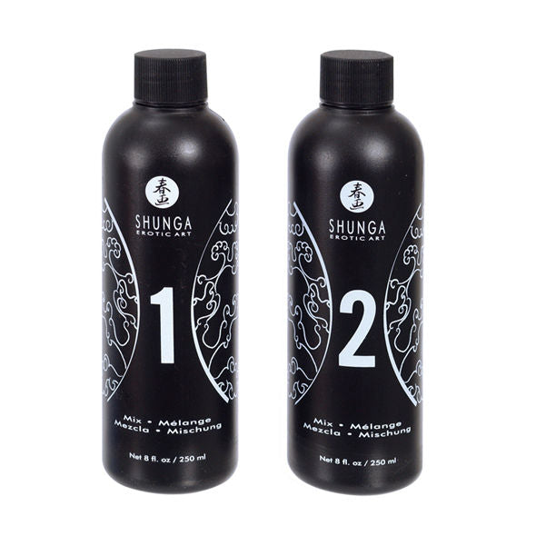 SHUNGA erotic body-to-body massage gel with exotic fruit scent in a clear bottle, displayed on a soft surface.