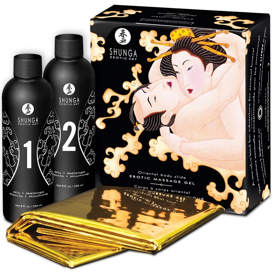 SHUNGA body-to-body erotic massage gel in Oriental Melon Mango flavor, showcasing the product packaging and texture.