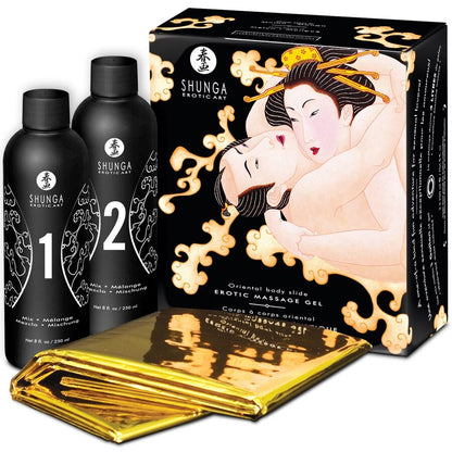 SHUNGA body-to-body erotic massage gel in Oriental Melon Mango flavor, showcasing the product packaging and texture.
