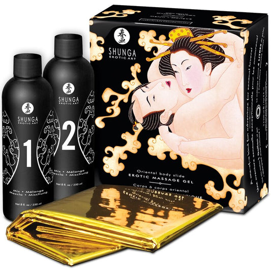 SHUNGA body-to-body erotic massage gel in Oriental Melon Mango flavor, showcasing the product packaging and texture.
