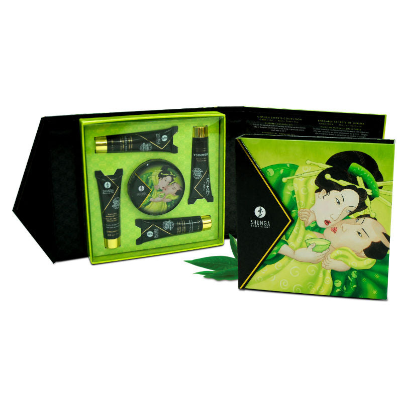 Kit de té verde orgánico Shunga Geisha, incluye tazas y utensilios, con estilo tradicional japonés y detalles elegantes.