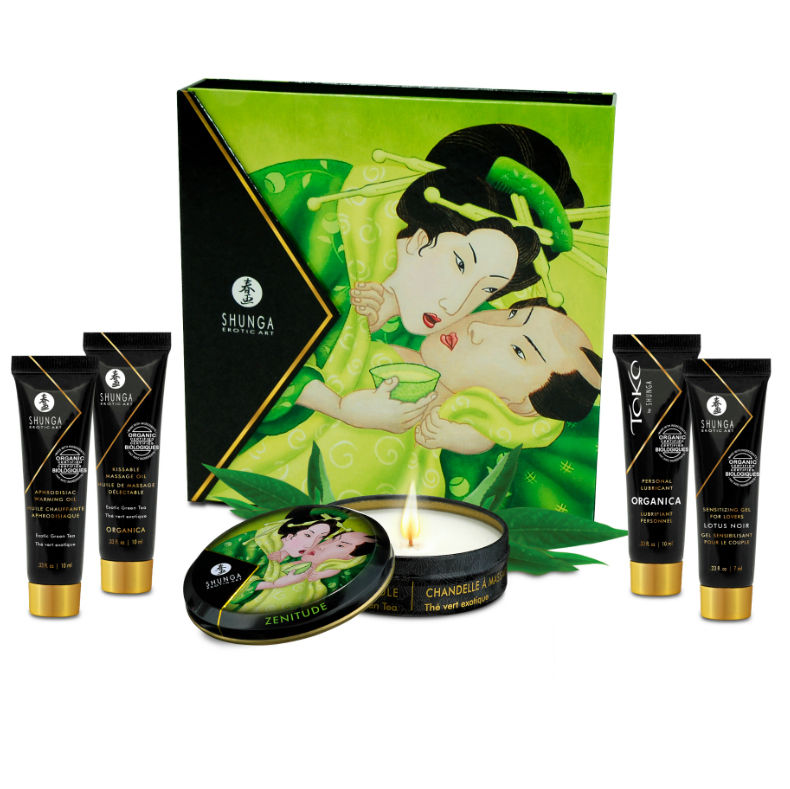 Kit de té verde orgánico Shunga Secret Geisha con tazas y accesorios, presentado en caja elegante para ceremonia de té.