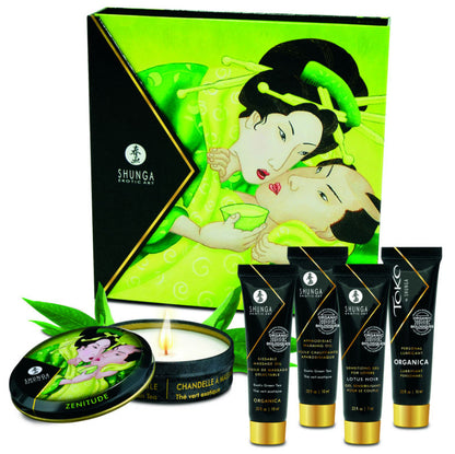 Kit de té verde orgánico Shunga Geisha, incluye tazas y accesorios en estilo japonés tradicional.