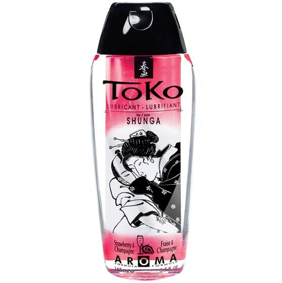 SHUNGA Toko aroma lubricant bottle with strawberries and champagne flavor, featuring vibrant packaging design.