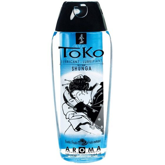 SHUNGA Toko Exotic Fruits Lubricant bottle with colorful label and cap, set against a neutral background.