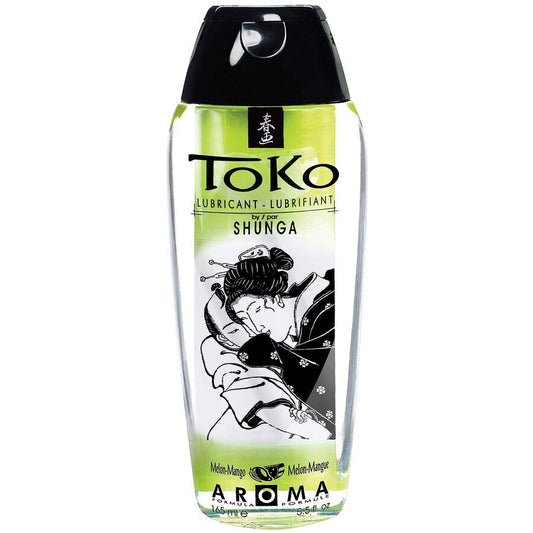 SHUNGA Toko Aroma Lubricant in Melon and Mango flavor, showcasing a vibrant bottle with fruit illustrations.